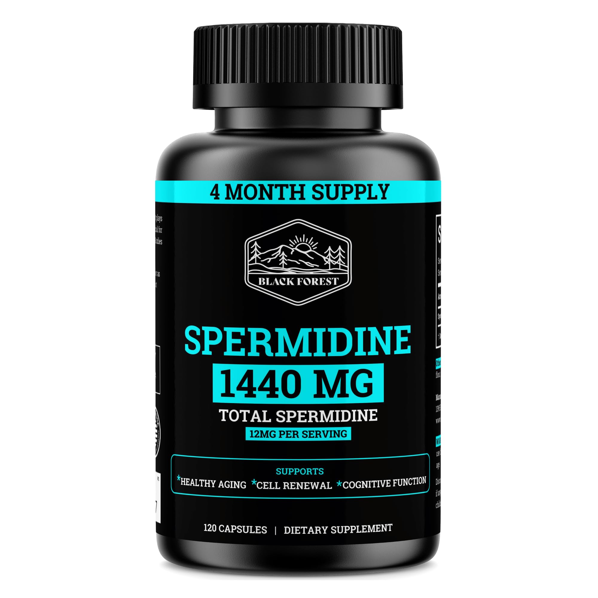 Black Forest spermidine supplement bottle shown for daily use and four-month supply