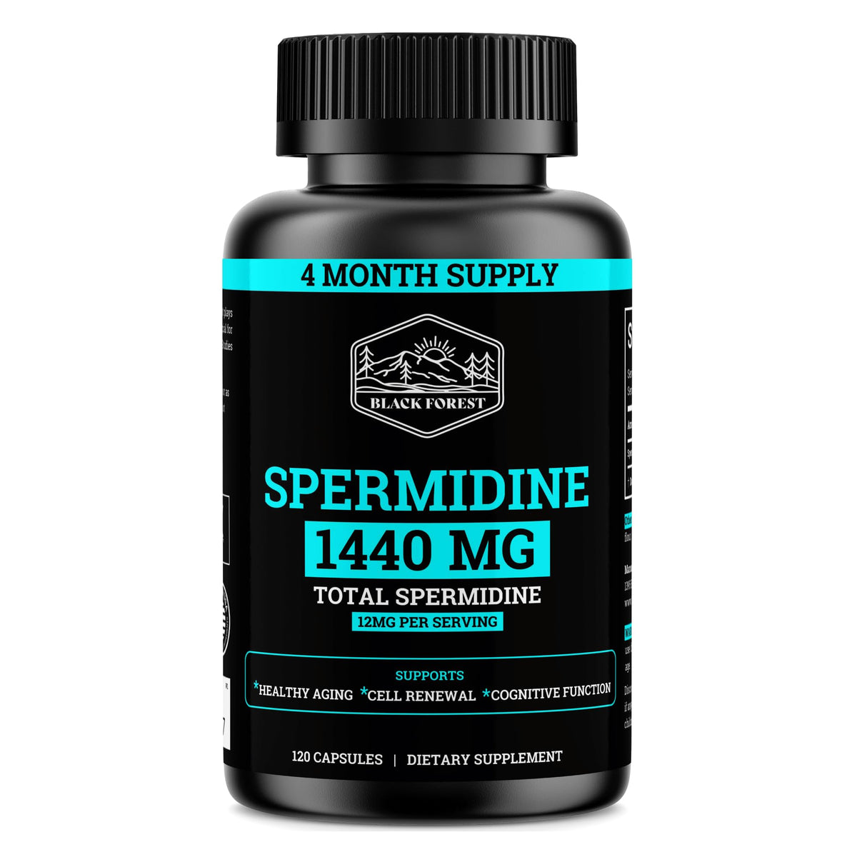 Black Forest spermidine supplement bottle shown for daily use and four-month supply