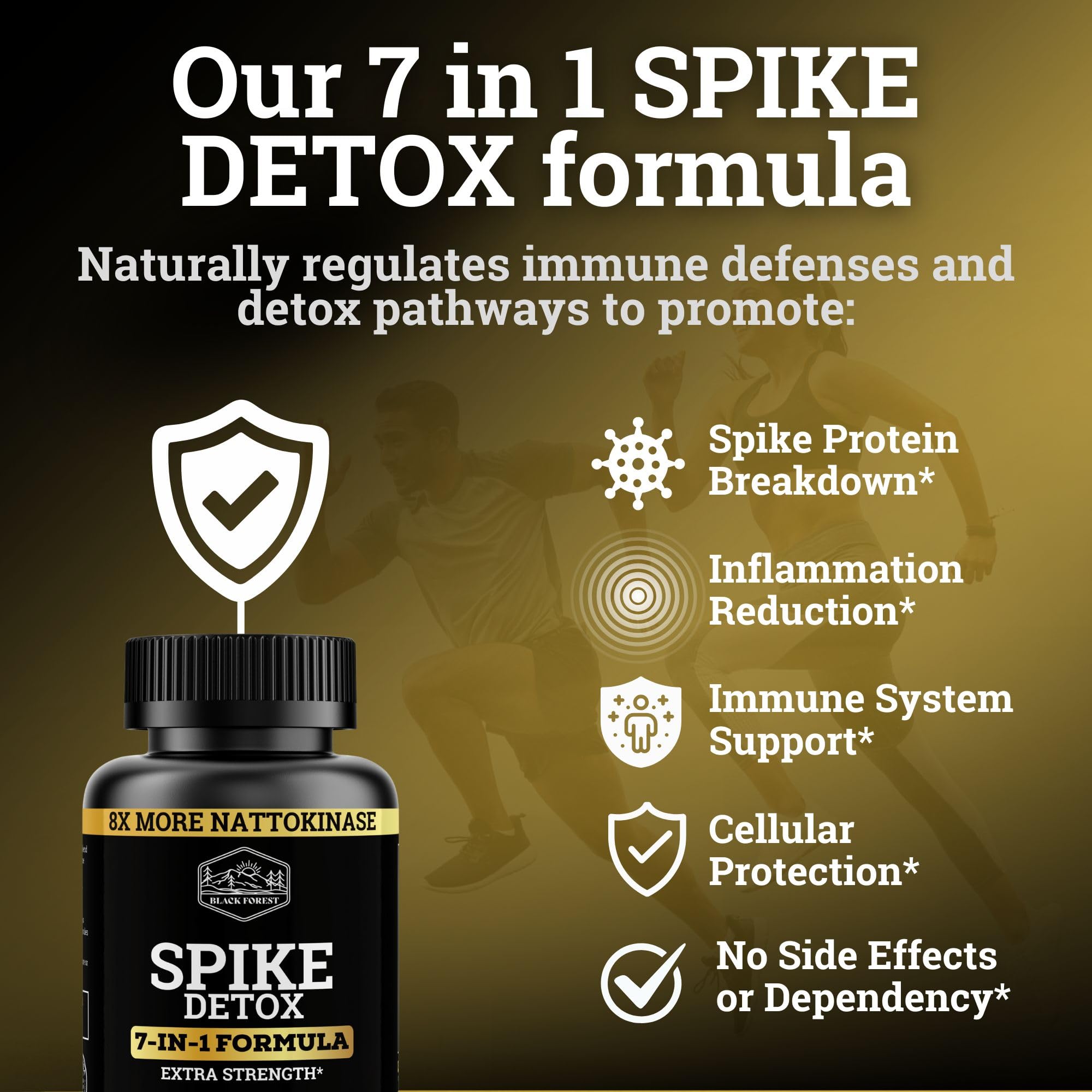 Closeup of Black Forest Spike Detox capsules showing 8x nattokinase for potential detox help.