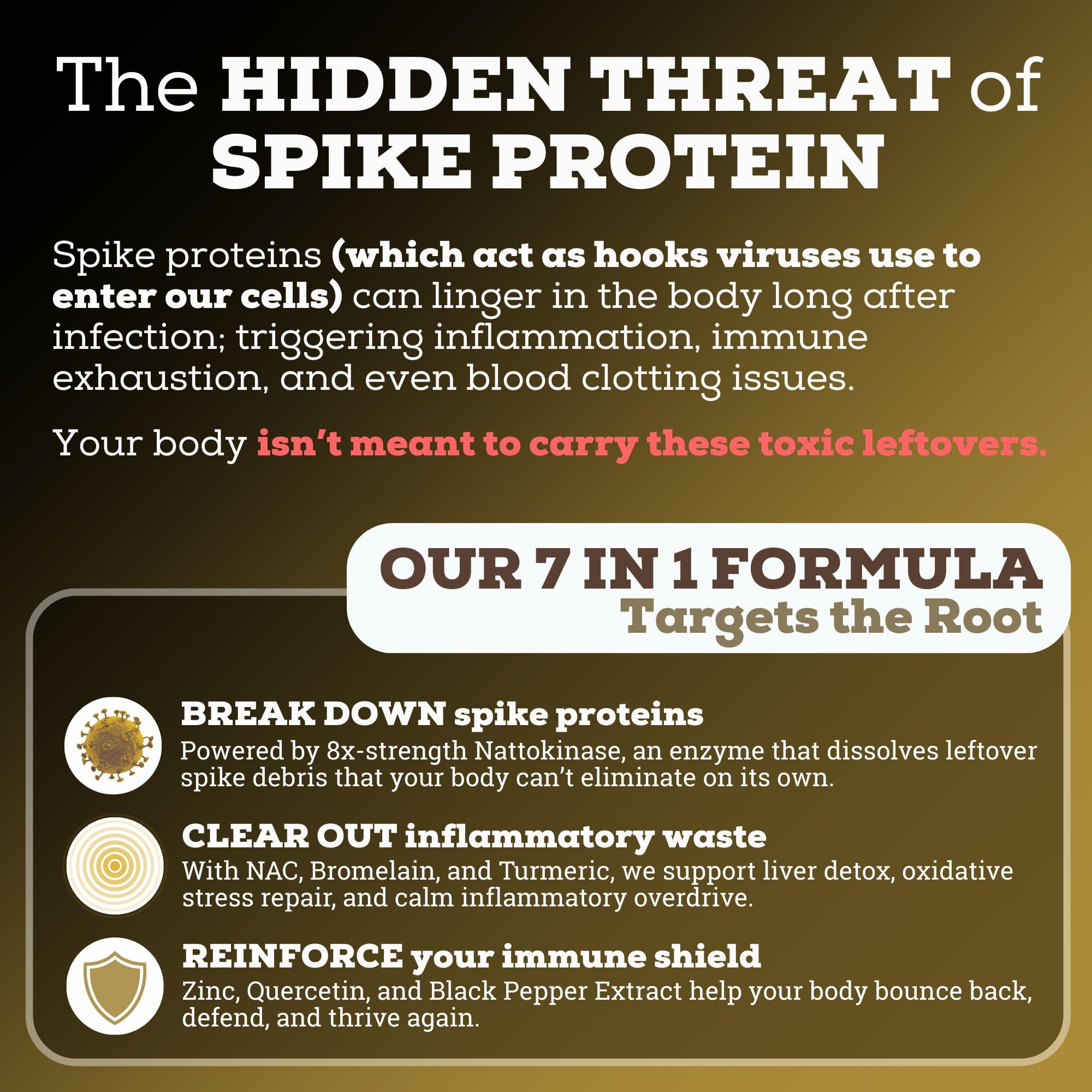 Ingredient graphic of Black Forest Spike Detox with nattokinase, bromelain, turmeric, and zinc.