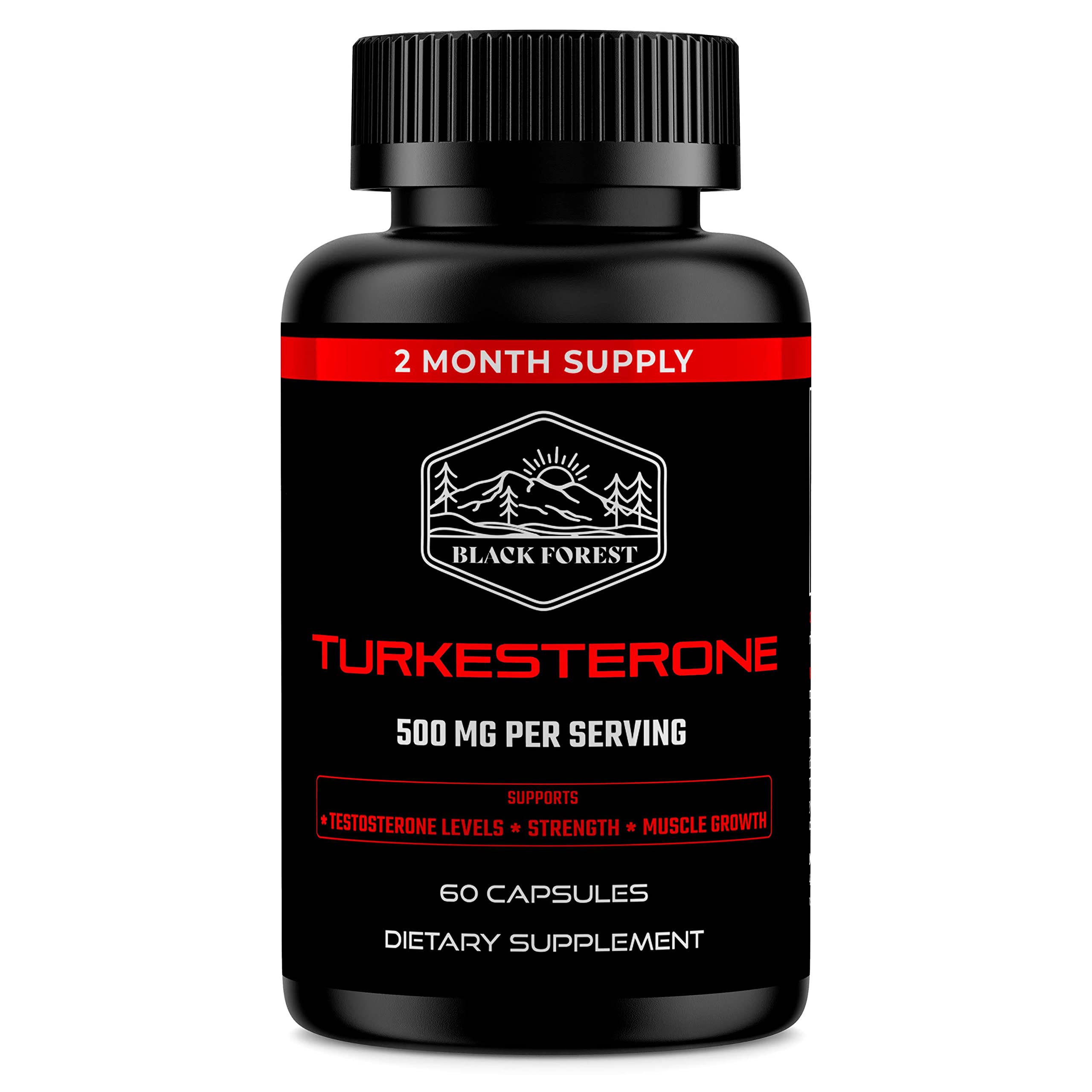 Black Forest Turkesterone bottle front with 60 capsules for potential strength support.