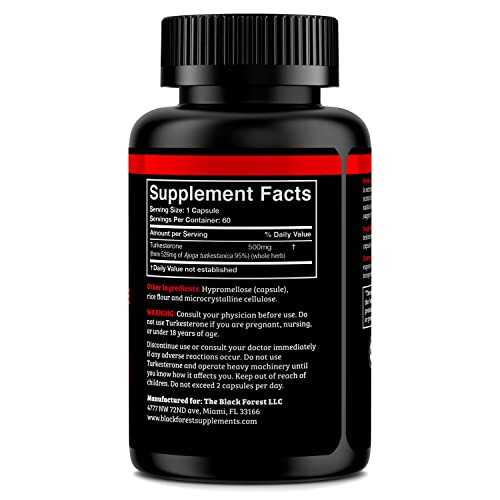 Black Forest Turkesterone capsules closeup highlighting dosage per serving.