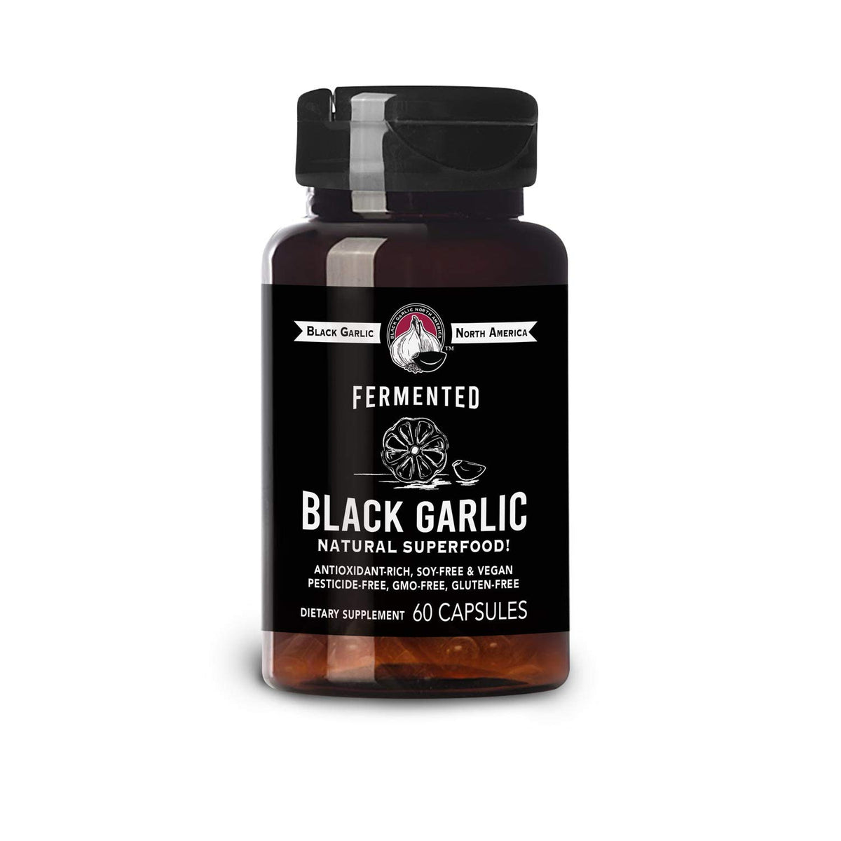 Black Garlic North America capsules bottle front view for daily wellness.