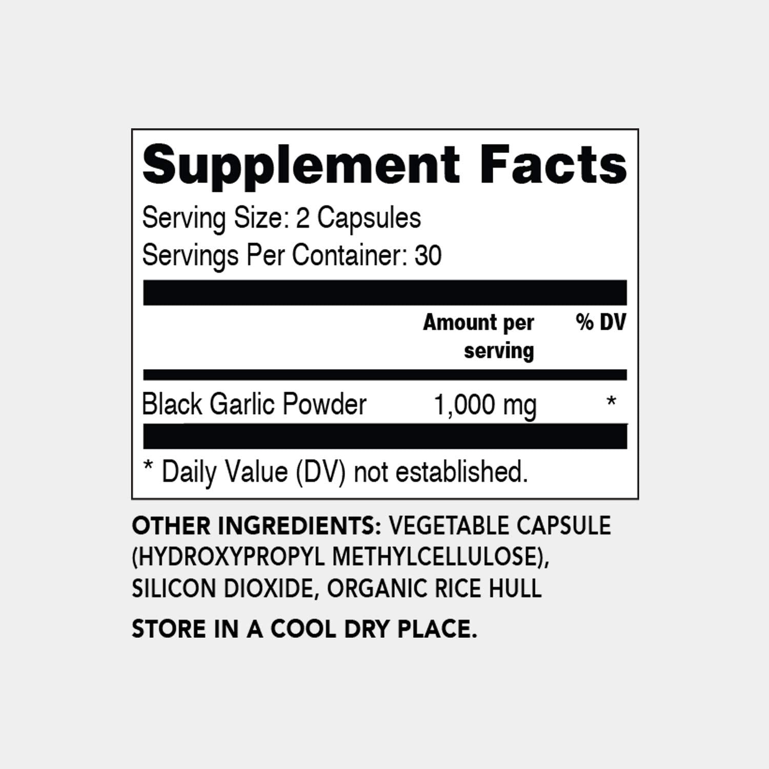 Black Garlic North America capsules bottle side view showing convenient dosage.