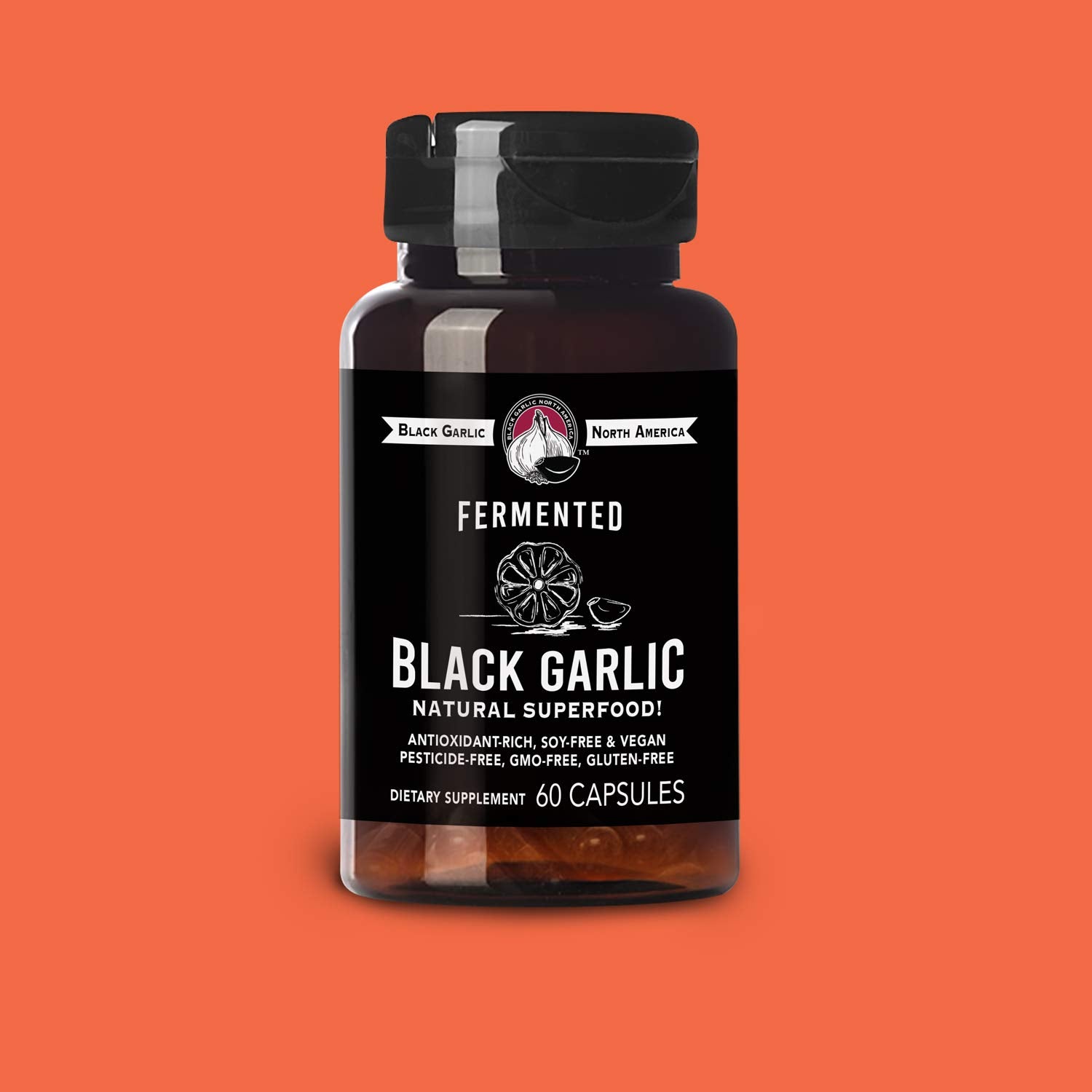 Black Garlic North America capsules label close-up with ingredients and serving size.