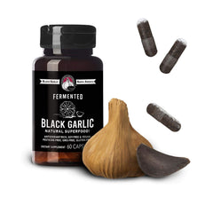 Black Garlic North America capsules powder inside close-up highlights fermentation.