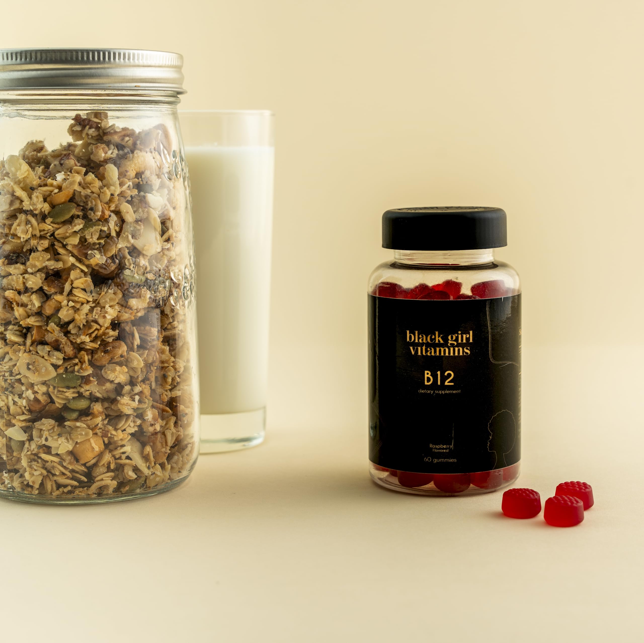 Halal-certified, gluten-free vegan B12 gummies by Black Girl Vitamins in a bottle.