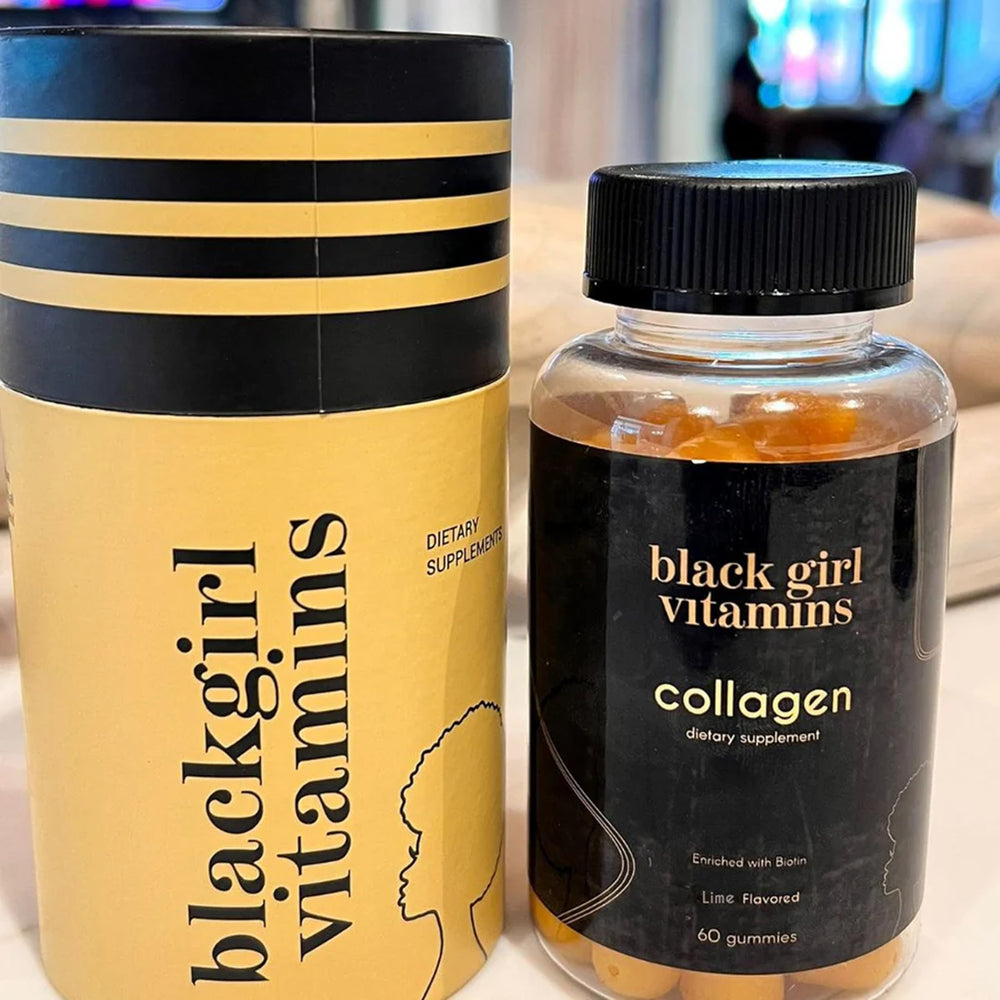 Black Girl Vitamins collagen gummies lifestyle image showing hair and nails support.