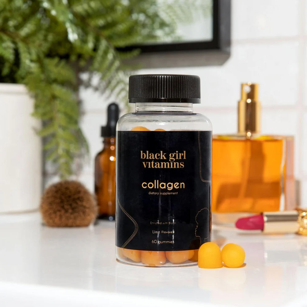 Black Girl Vitamins collagen gummies ingredients panel with vitamin C, vitamin E, and biotin.