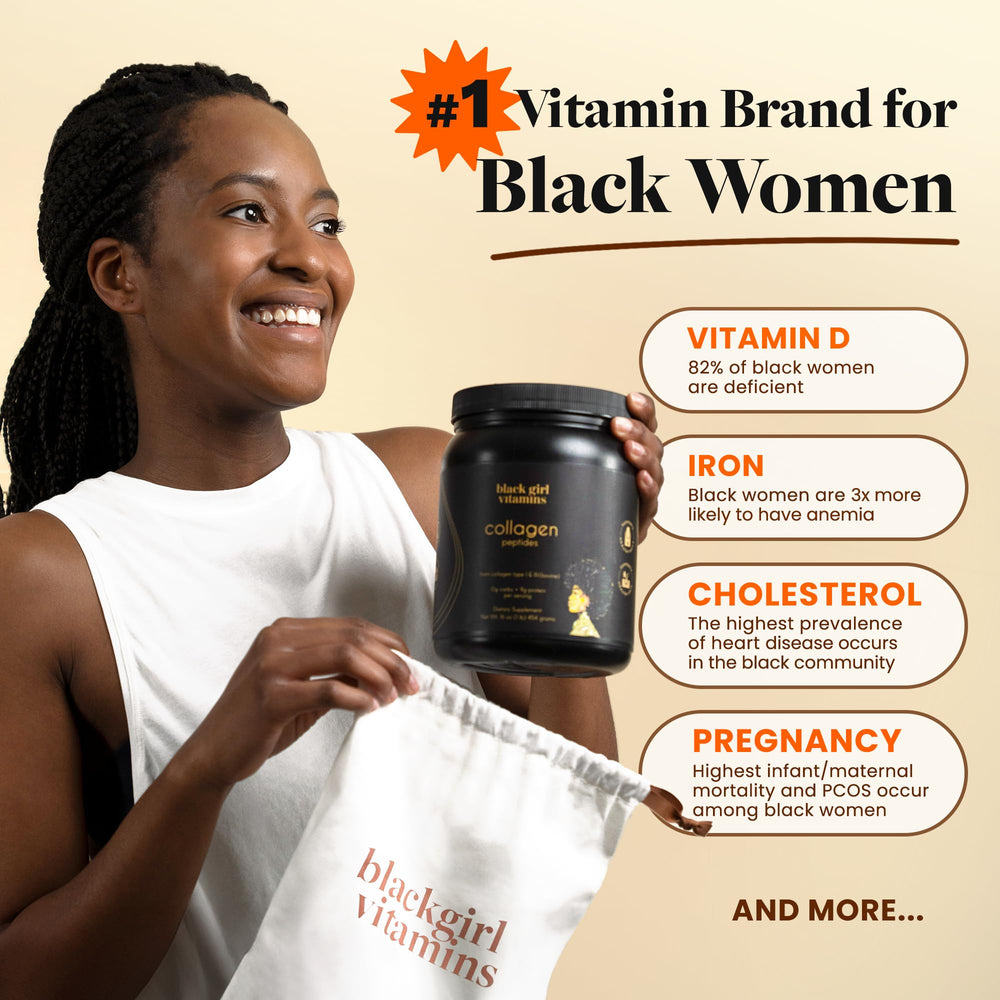 Black Girl Vitamins collagen peptides powder label emphasizes dairy-free and gluten-free attributes.