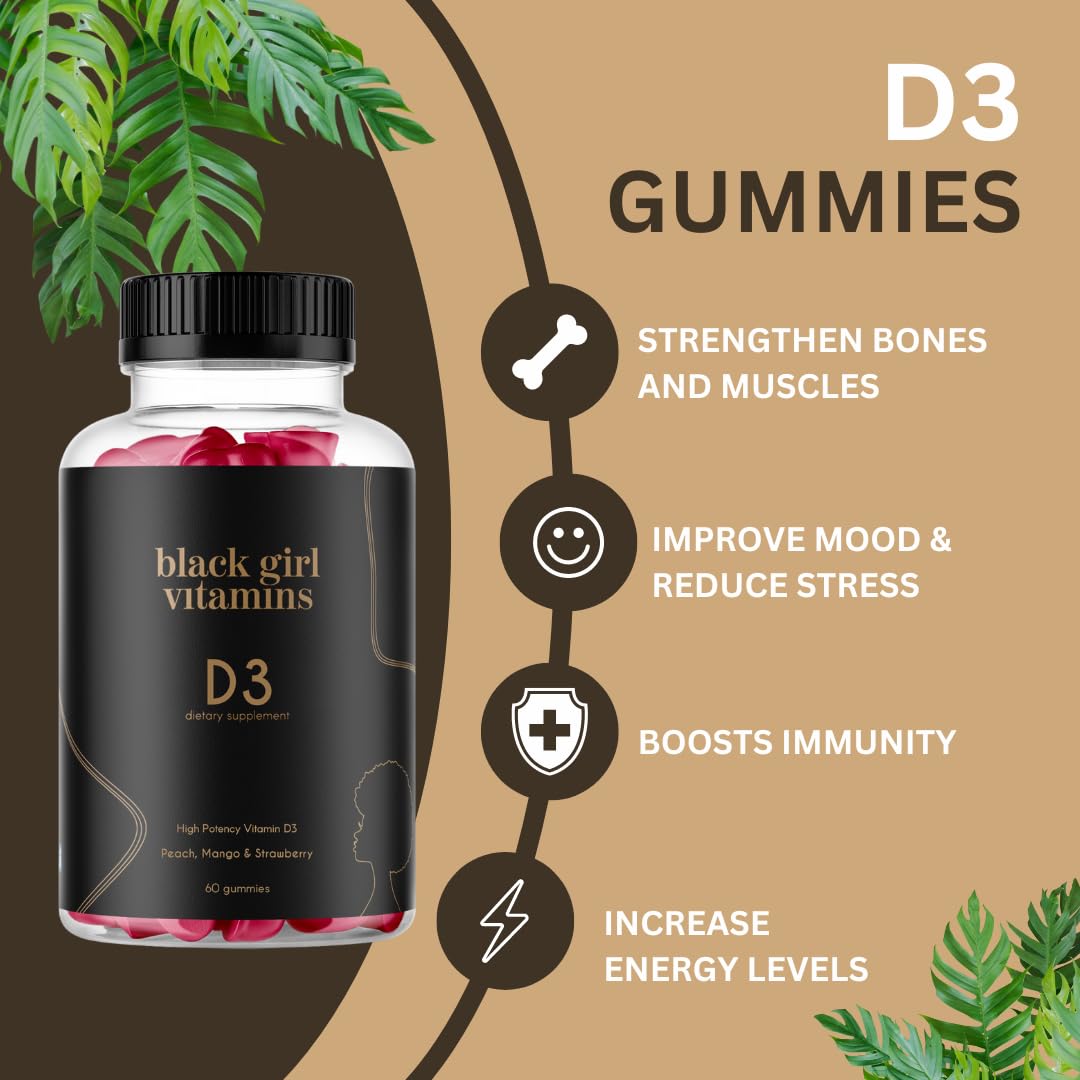 Close-up of Black Girl Vitamins D3 gummy in peach-mango-strawberry flavor