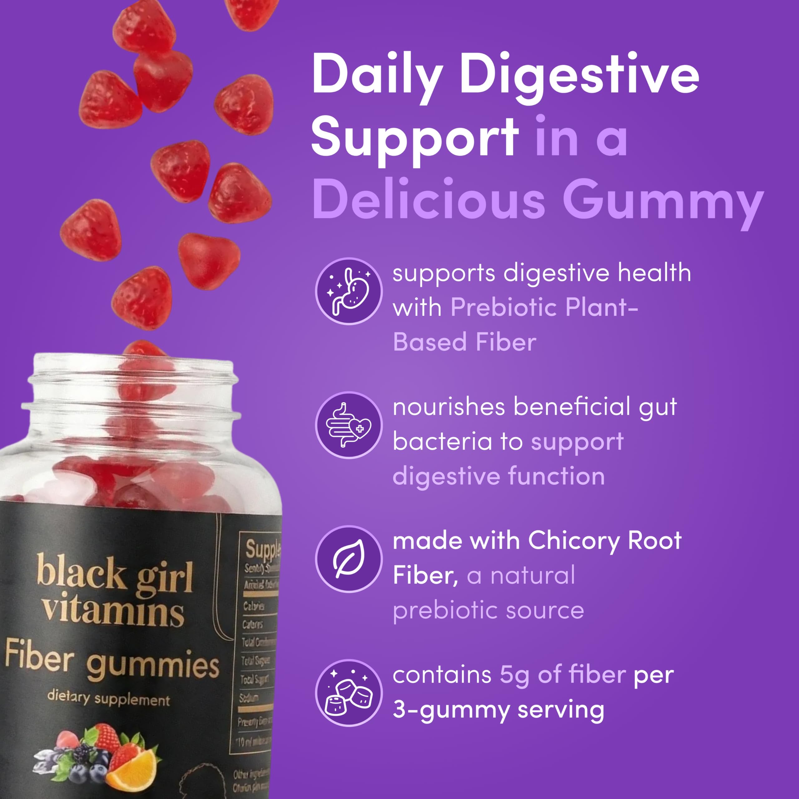 Close-up of orange and mixed berry gummies from Black Girl Vitamins for daily fiber.