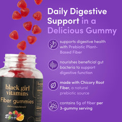 Close-up of orange and mixed berry gummies from Black Girl Vitamins for daily fiber.