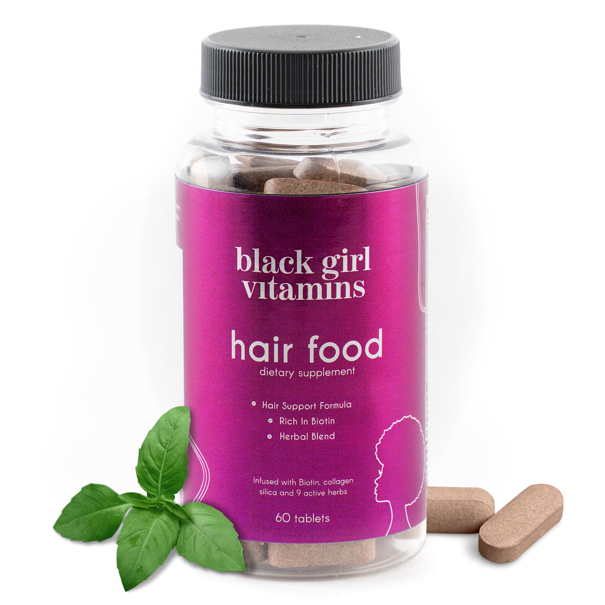 Black Girl Vitamins Hair Food bottle showing vegan biotin blend for hair support