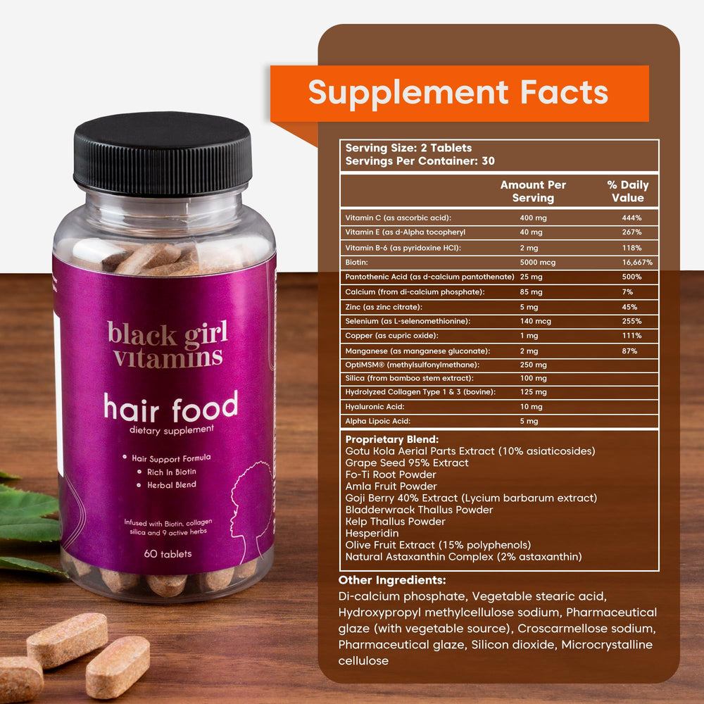 Close-up of Hair Food capsules highlighting clean vegan, gluten-free formula