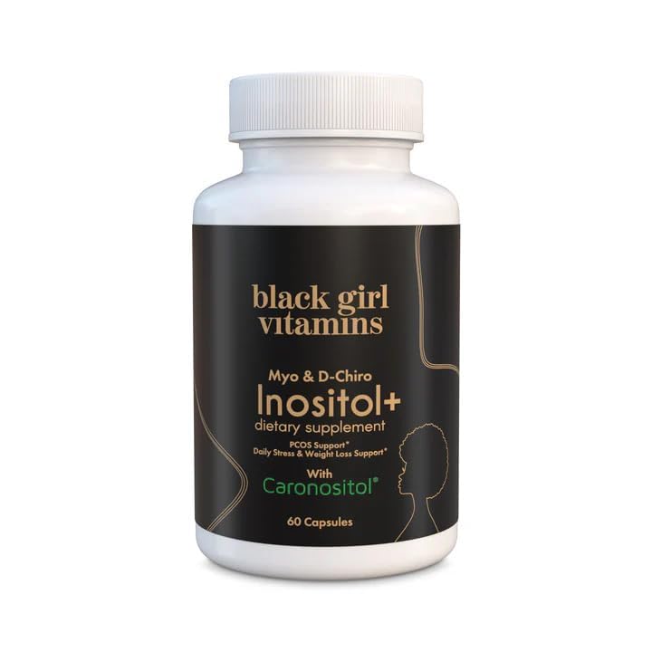Black Girl Vitamins Inositol bottle front, vegan wellness for daily balance.