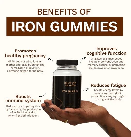 Black Girl Vitamins Iron Gummies closeup shows grape flavor, supports daily energy and iron intake.