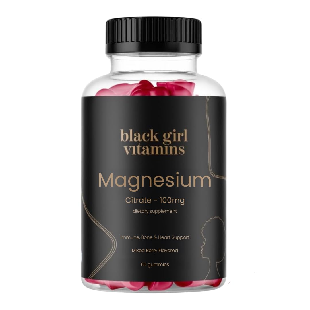 Black Girl Vitamins magnesium gummies bottle front with mixed berry flavor for daily wellness.