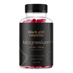 Black Girl Vitamins magnesium gummies bottle front with mixed berry flavor for daily wellness.