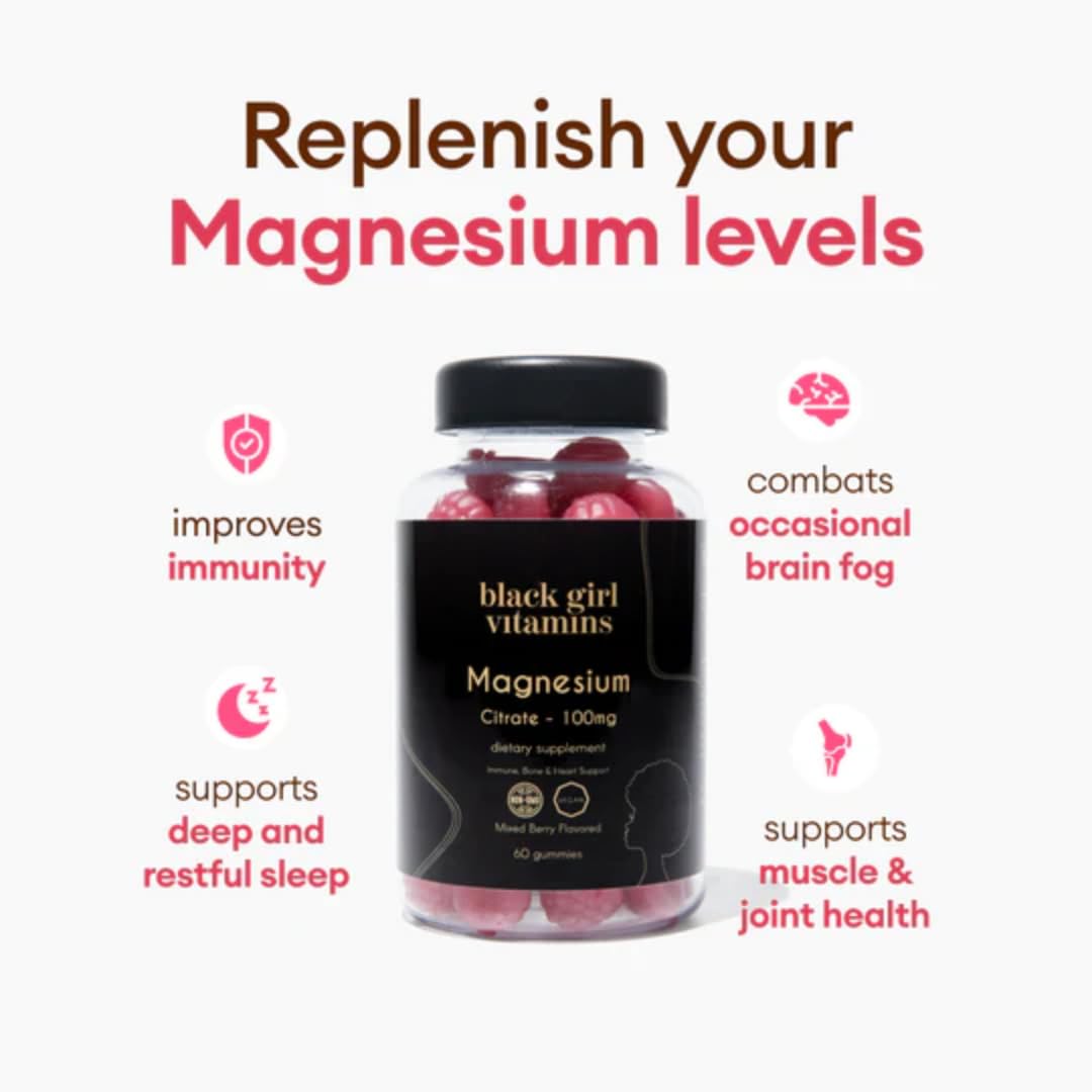 Black Girl Vitamins magnesium gummies nutrition label showing 100 mg per serving for daily intake.