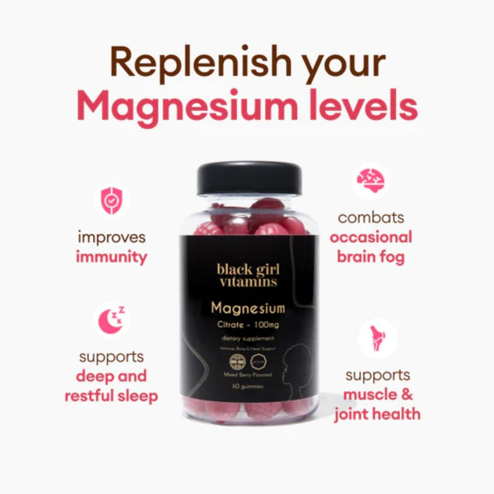 Black Girl Vitamins magnesium gummies nutrition label showing 100 mg per serving for daily intake.