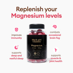 Black Girl Vitamins magnesium gummies nutrition label showing 100 mg per serving for daily intake.