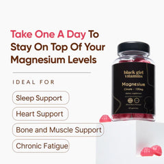 Black Girl Vitamins magnesium gummies packaging back view with gluten-free and vegan notes.
