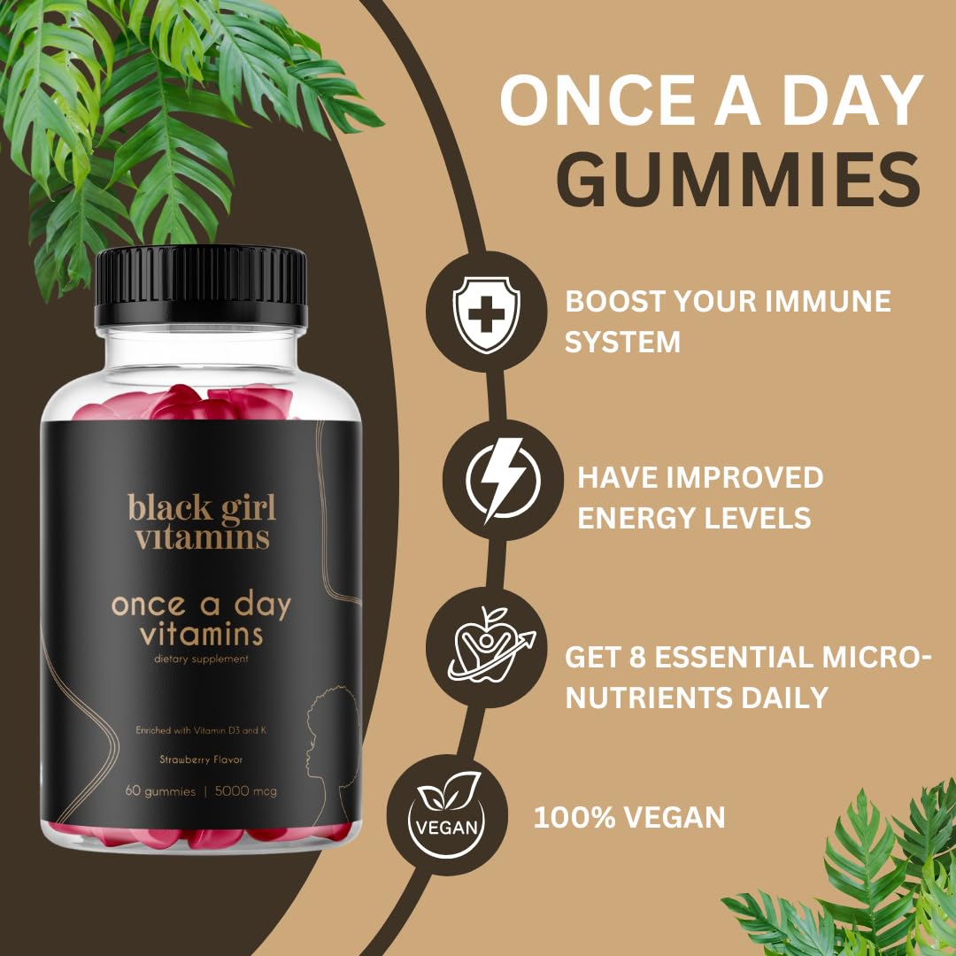 Black Girl Vitamins Once a Day ingredients list, includes A, C, D3, E and Zinc.