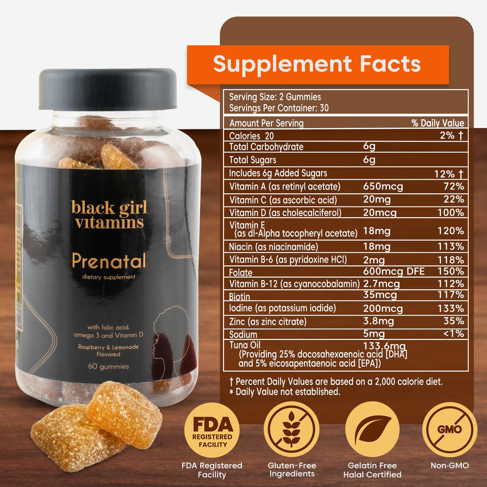 Black Girl Vitamins Prenatal Gummies USA-made, gluten-free, dairy-free, and proudly Black-owned.