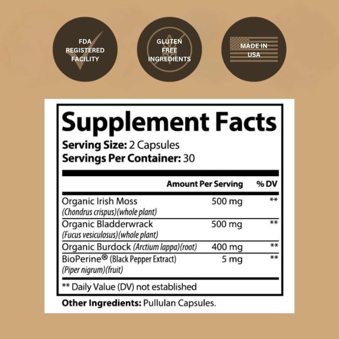 Black Girl Vitamins sea moss capsules label highlights organic, non-GMO formula for vitality.
