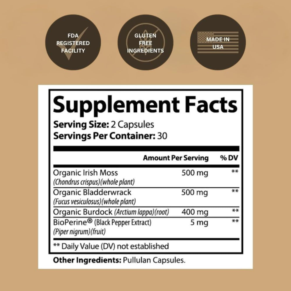 Black Girl Vitamins sea moss capsules label highlights organic, non-GMO formula for vitality.