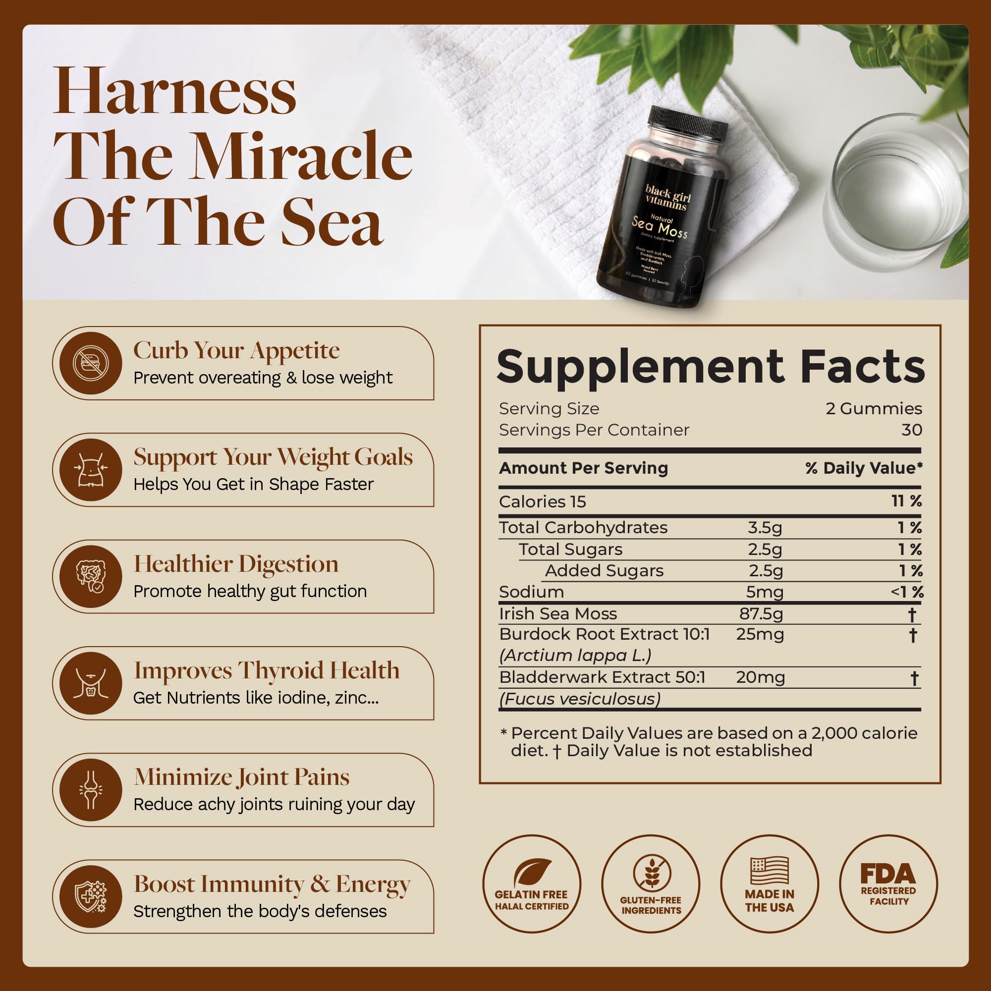 Vegan, gluten-free, halal-friendly packaging for Black Girl Vitamins Sea Moss Gummies