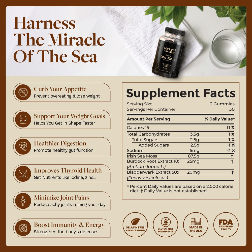 Vegan, gluten-free, halal-friendly packaging for Black Girl Vitamins Sea Moss Gummies