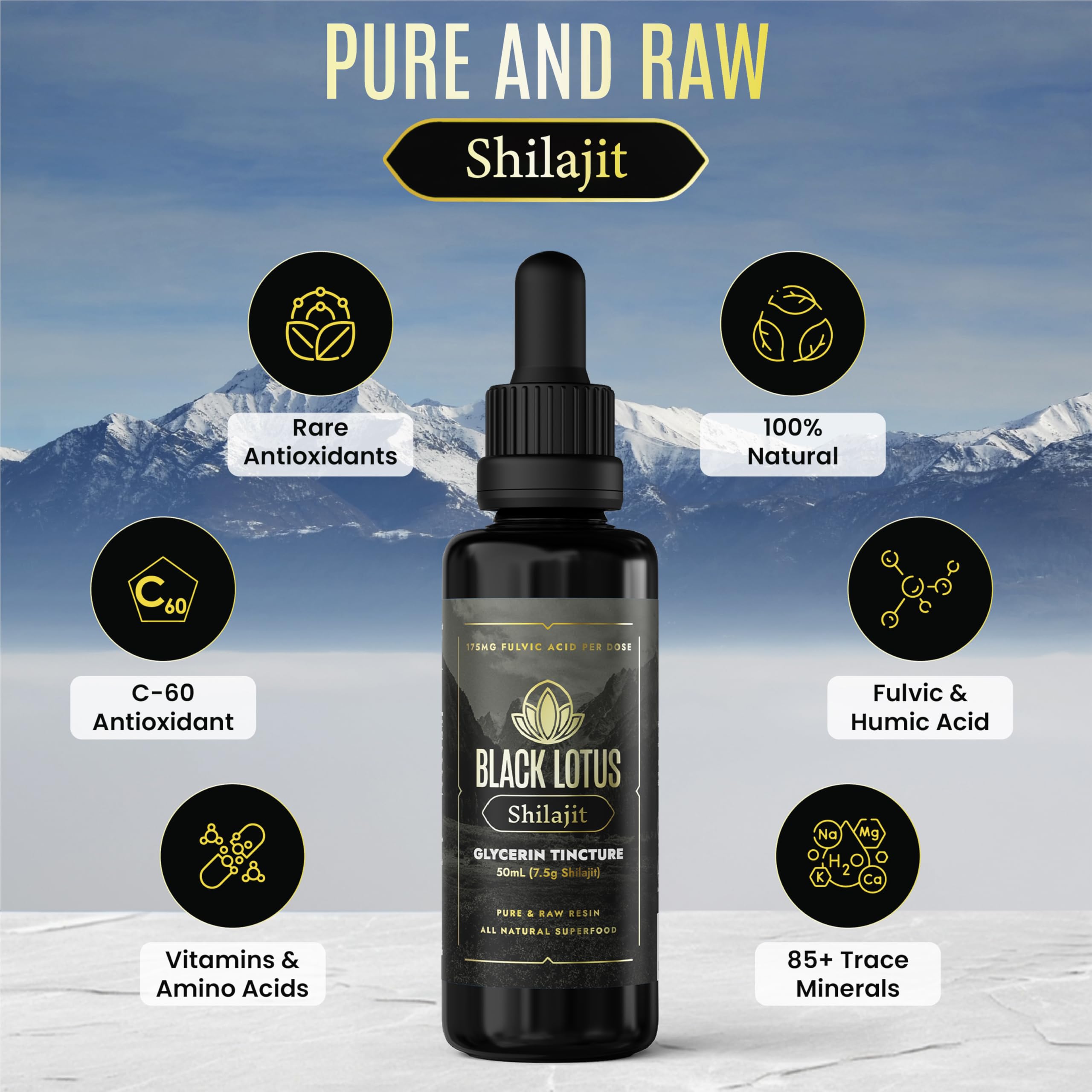 Black Lotus Shilajit resin from Altai mountains highlights purity.