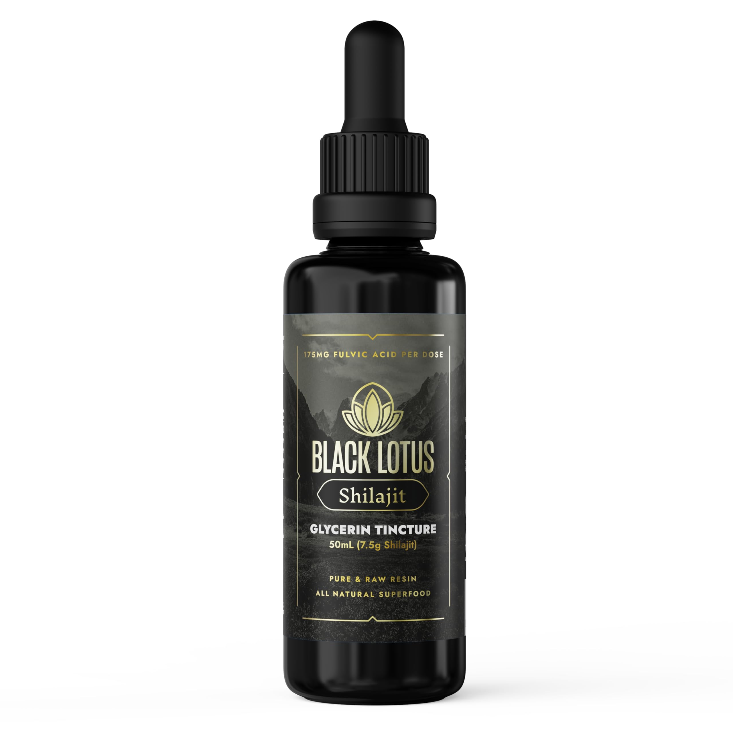 Black Lotus Shilajit resin bottle closeup showing rich consistency for daily balance.