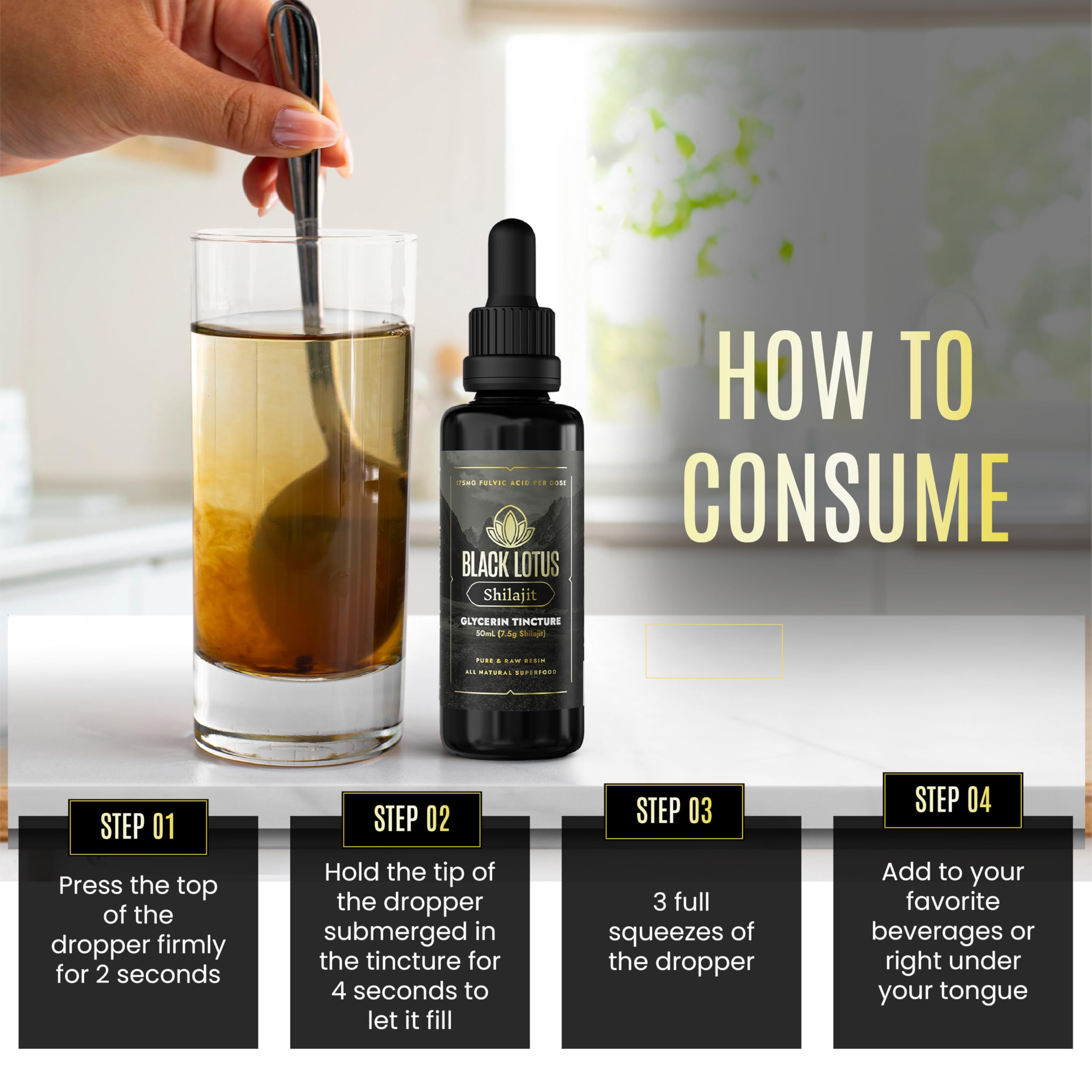 Black Lotus Shilajit resin dropper dispensing into water for energy support.