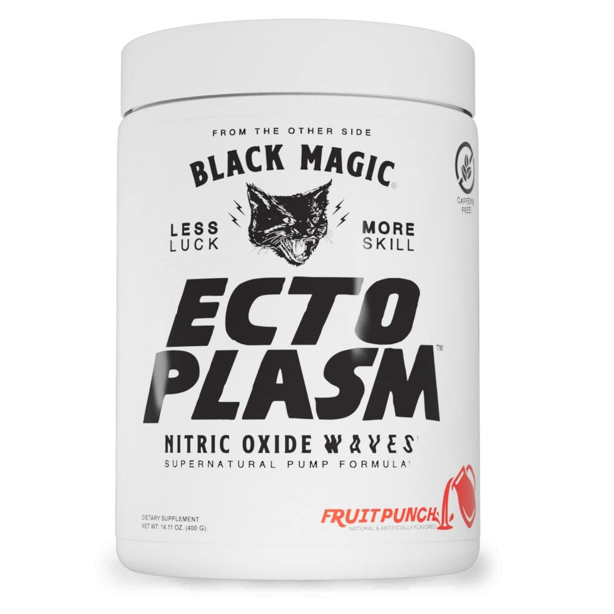 Black Magic Ecto Plasm jar front view highlighting non-stimulant pump support.