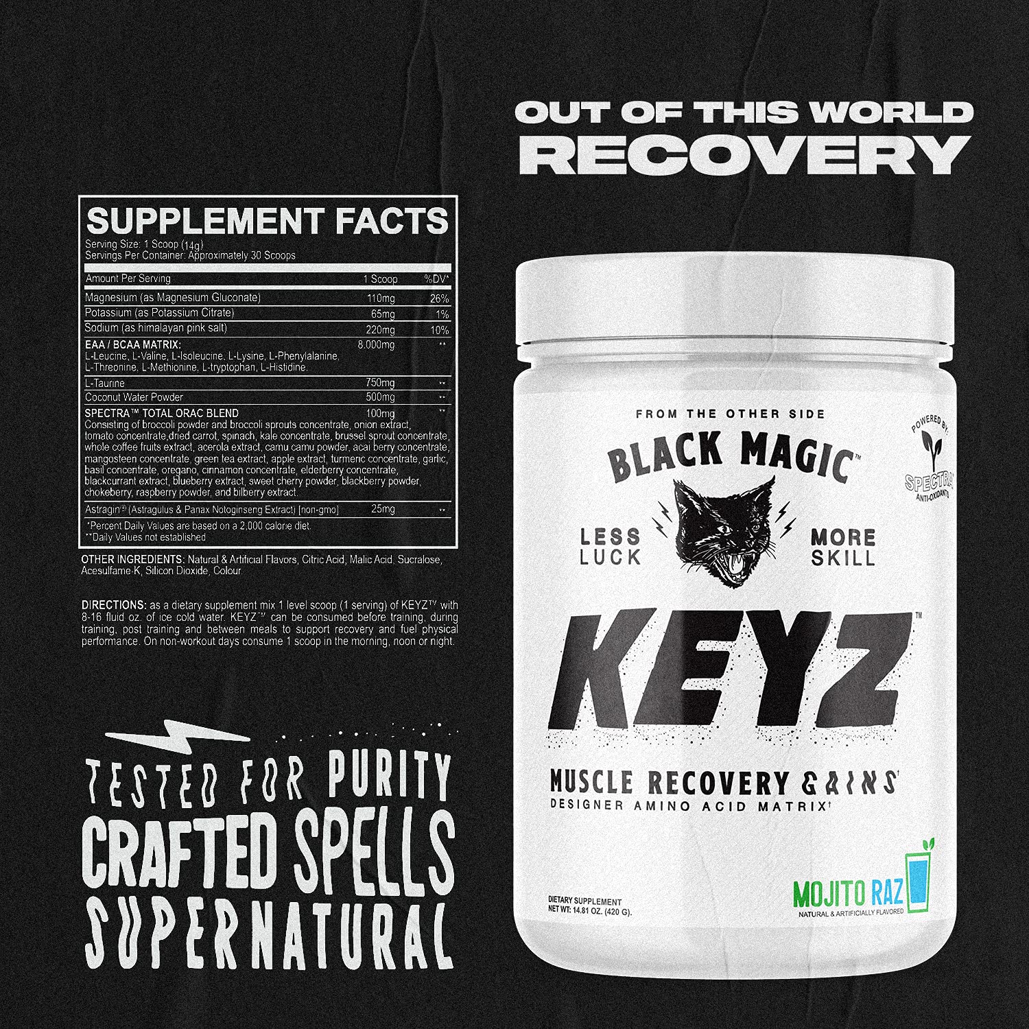 Black Magic Keyz label close-up showing sugar-free and caffeine-free formula