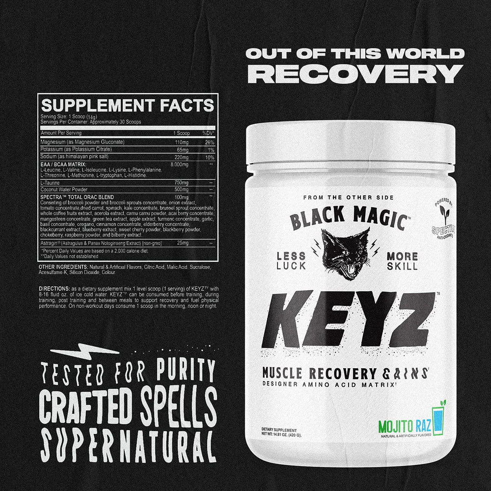 Black Magic Keyz label close-up showing sugar-free and caffeine-free formula