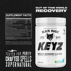 Black Magic Keyz label close-up showing sugar-free and caffeine-free formula