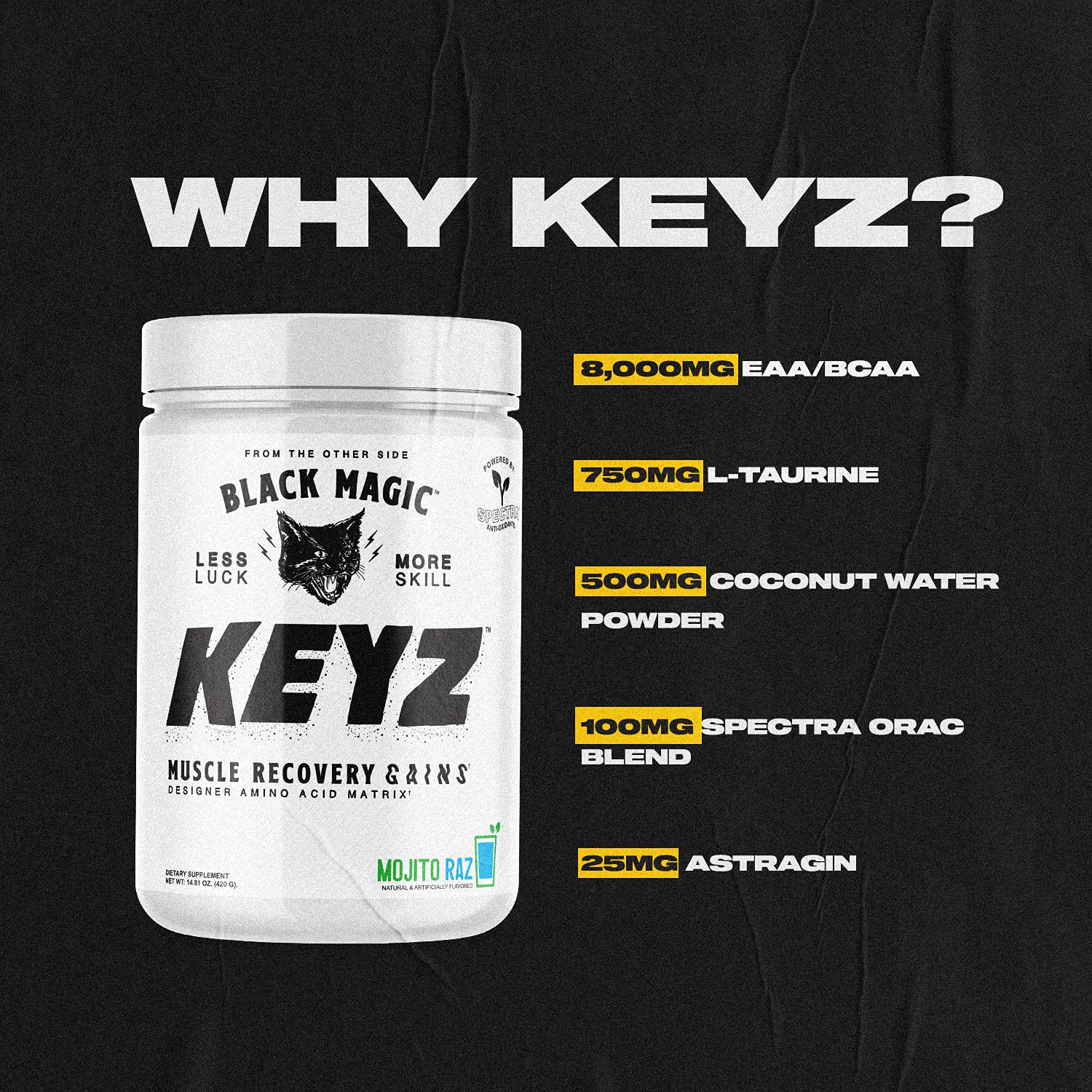 Black Magic Keyz scoop beside jar for on-the-go amino acid support