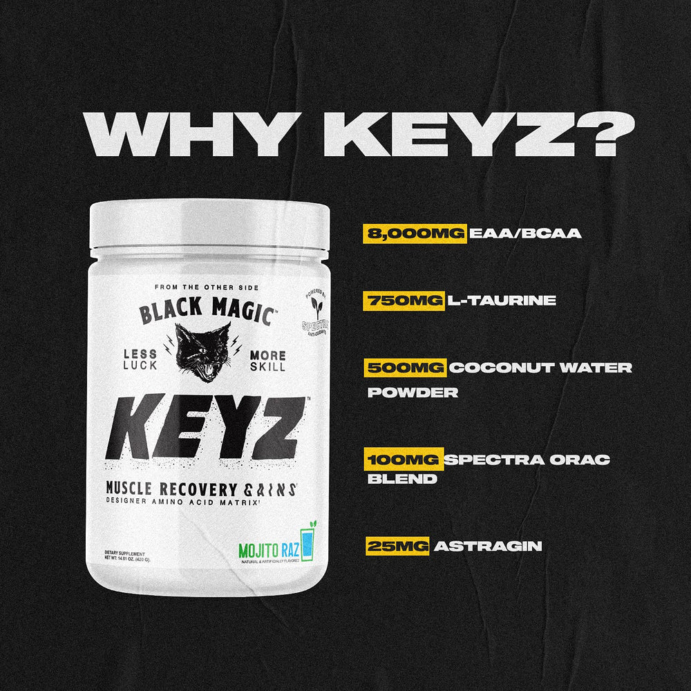 Black Magic Keyz scoop beside jar for on-the-go amino acid support