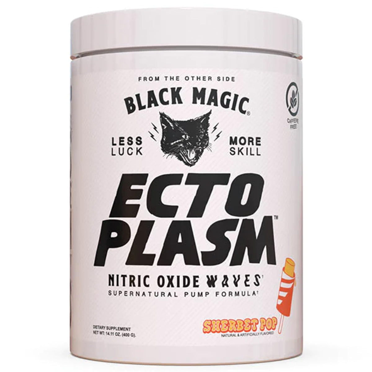Black Magic Ecto Plasm sherbet pop bottle showing non-stim pump formula for late workouts