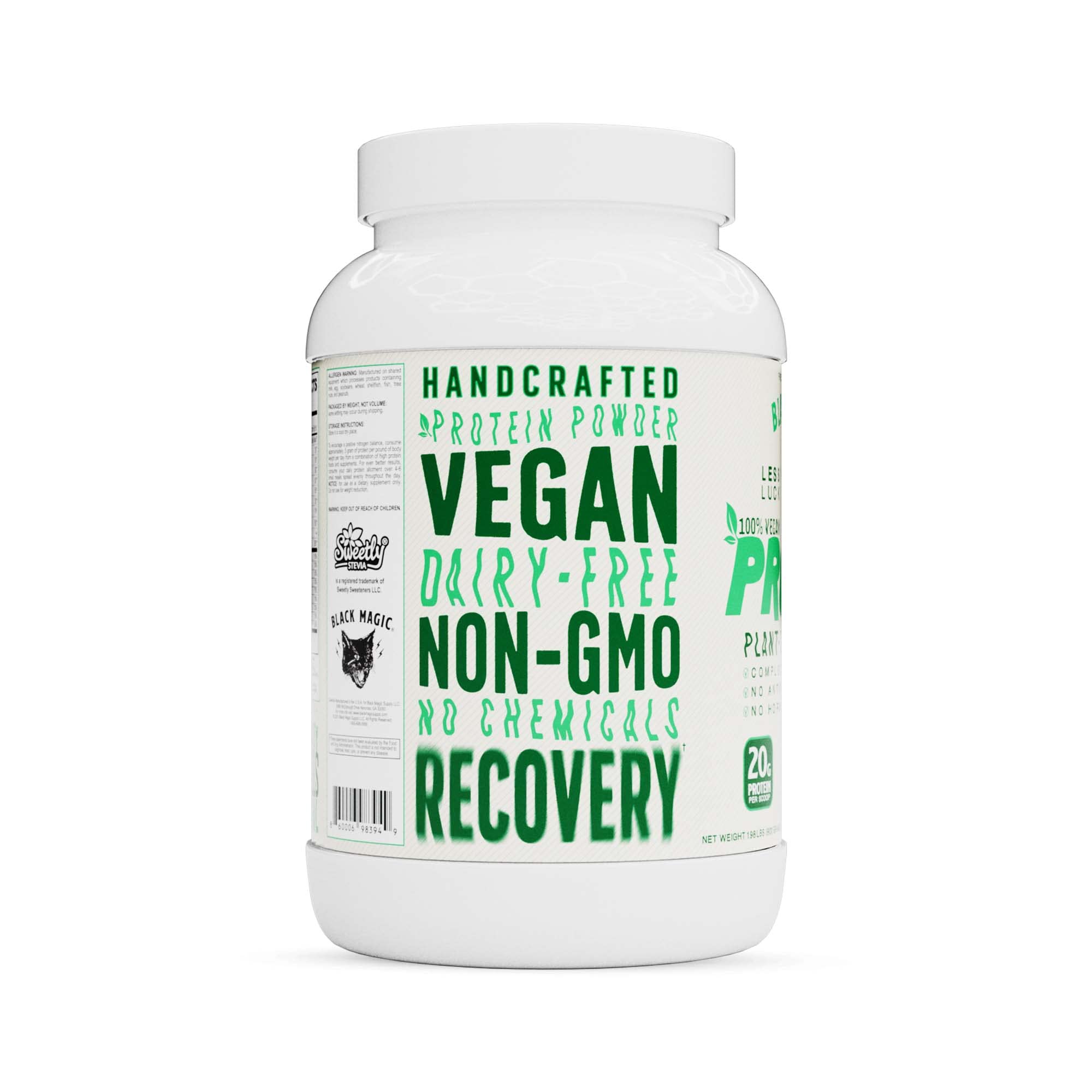 Black Magic vegan protein pre/post workout shake highlighting dairy-free protein