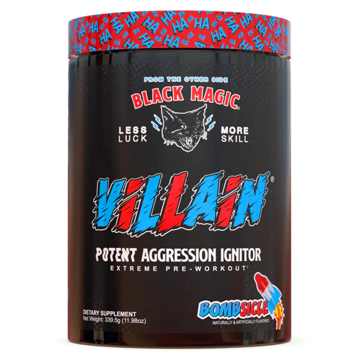 Black Magic Villain high-stim pre-workout Bombsicle tub boosts focus and energy.