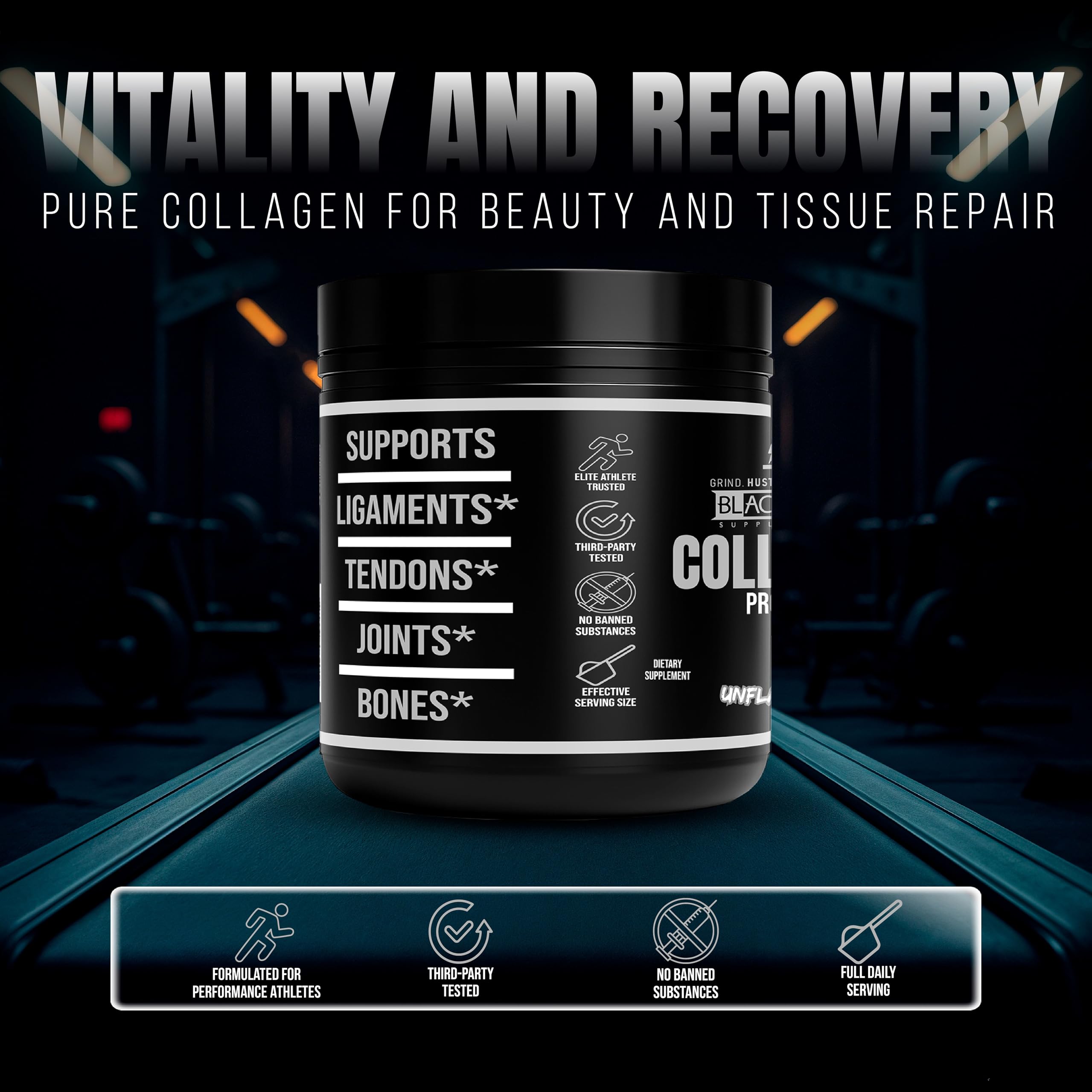 BlackLabel Collagen Peptides pouring into a shaker to support joints and mobility.