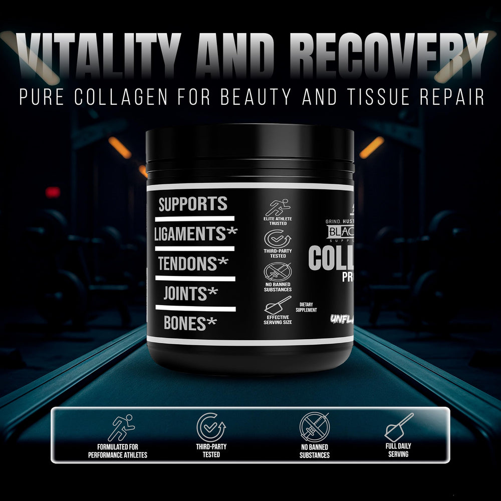 BlackLabel Collagen Peptides pouring into a shaker to support joints and mobility.