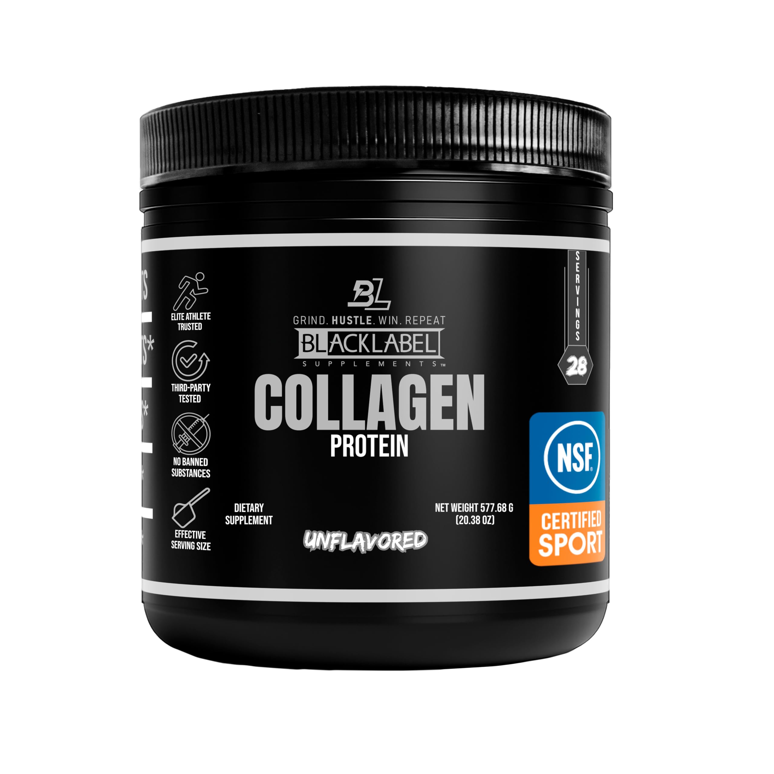 BlackLabel Collagen Unflavored Powder bottle for easy daily mixing and recovery routines.