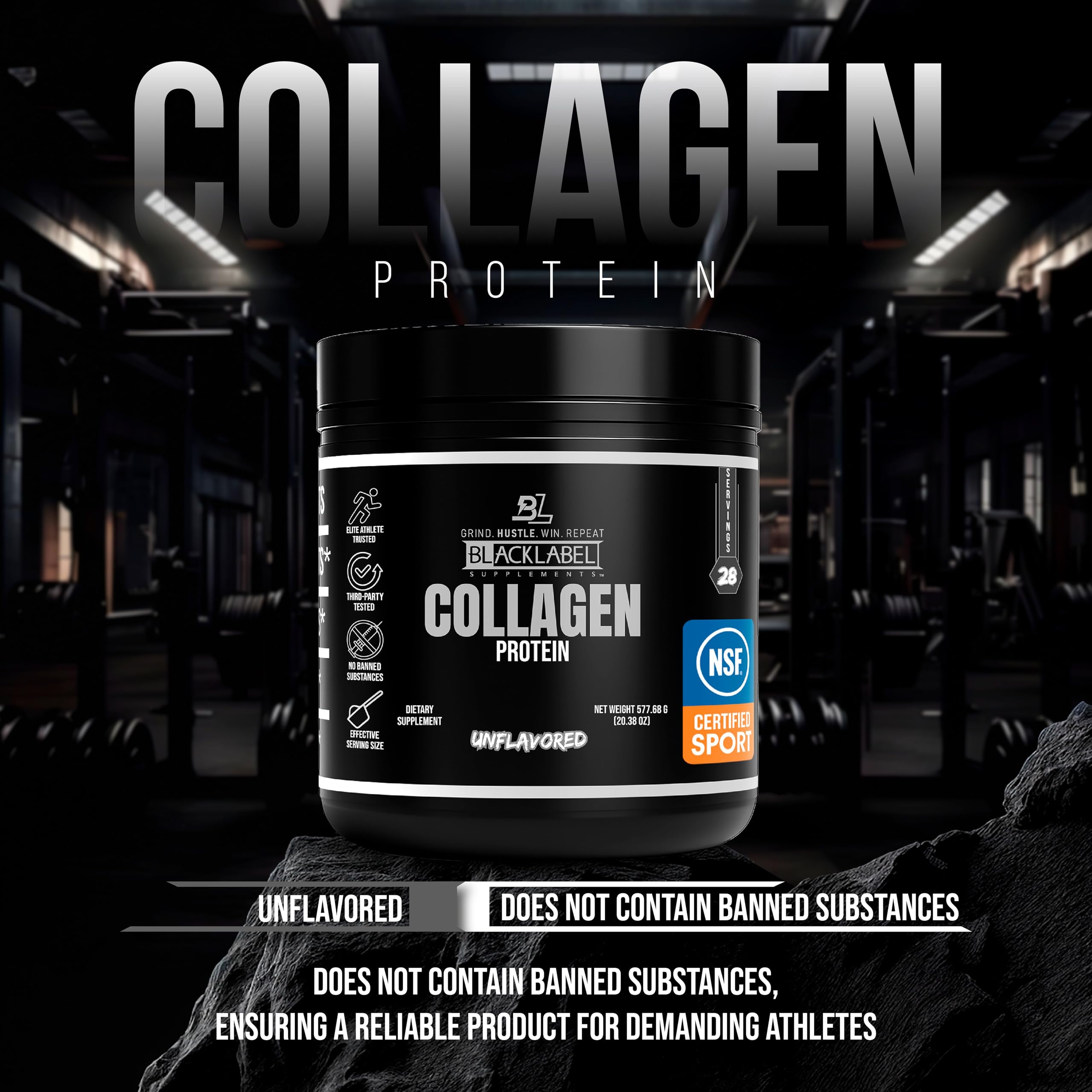 BlackLabel Collagen Unflavored Powder being stirred in a glass for coffee or shake use.