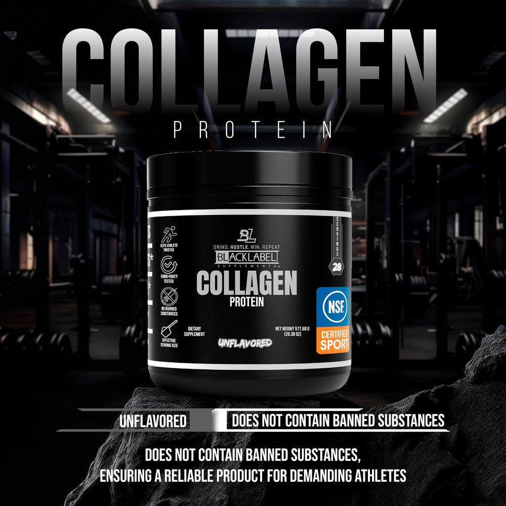 BlackLabel Collagen Unflavored Powder being stirred in a glass for coffee or shake use.